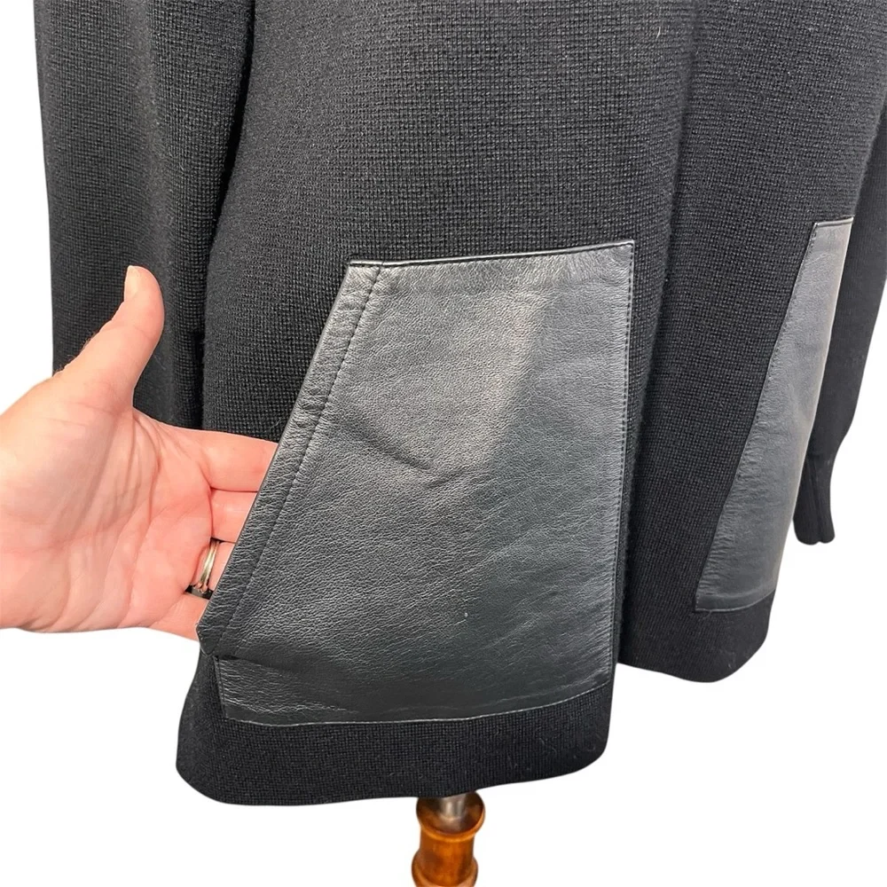 J. Crew Merino Wool Sweater Womens Medium Black Crewneck Leather Pockets